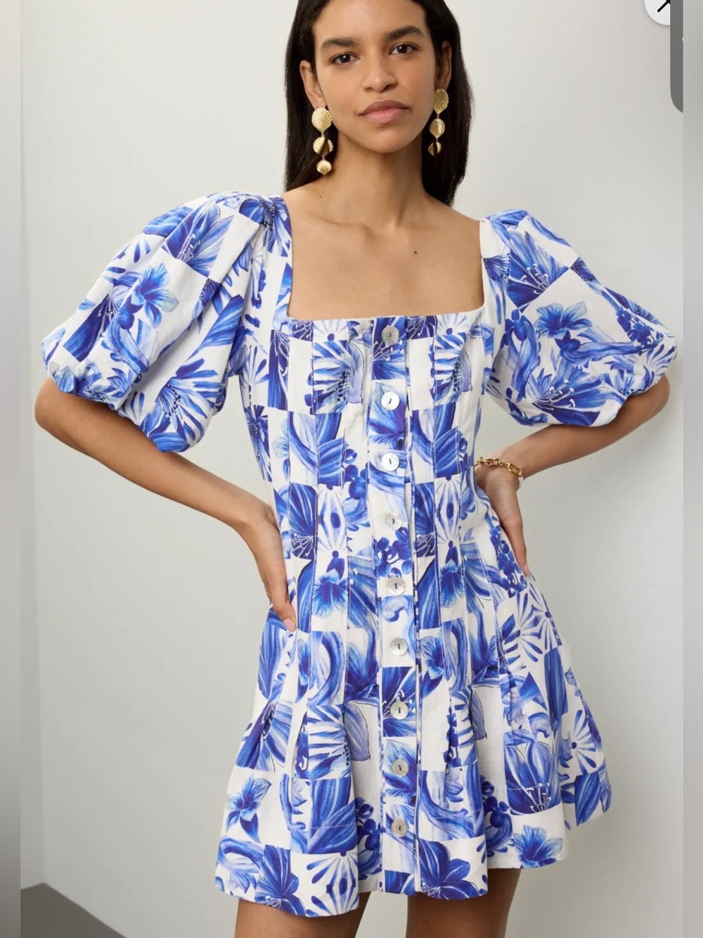 Farm Rio Garden Tiles Floral Square-Neck Puff-Sleeve Mini Dress NEW SIZE LARGE